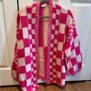 Pink Lily Vibrant Pink and Cream Checkered Cardigan